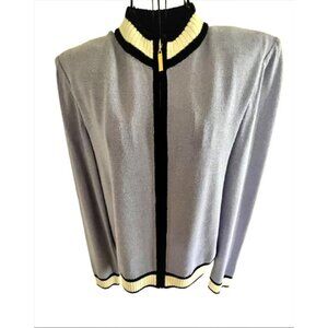 ST. JOHN Knits Zip Cardigan Sweater in Cornflower with Navy & White Trim SZ MED